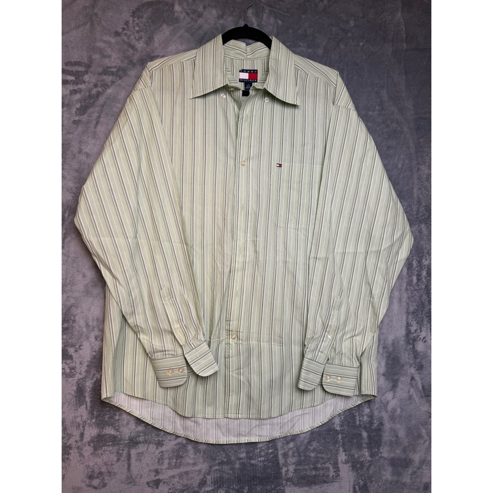 Tommy Hilfiger Sage Green Striped Button Down Shirt Large Long Sleeve Classic